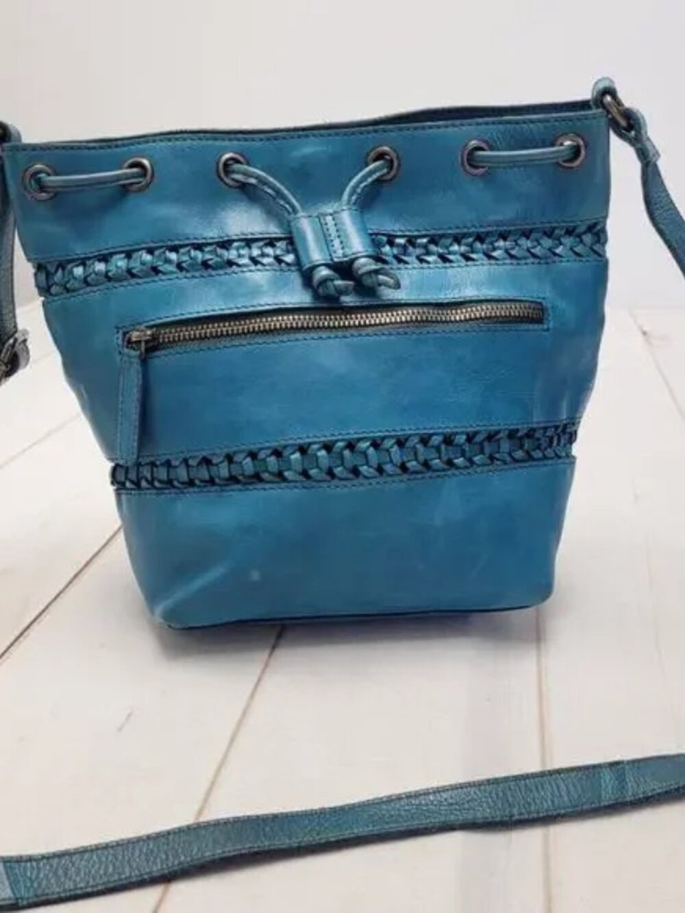 Vilenca Holland Turquoise blue leather purse woven bucket crossbody bag